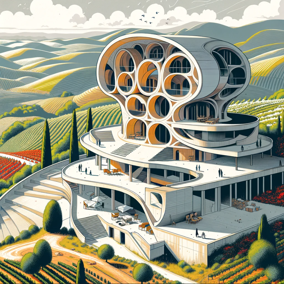 Esempio di disegno di un'architettura organica che si potrebbe inserire in cima ad una collina inserendosi nel paesaggio in sostituzione di qualche edificio ormai desueto e non efficiente