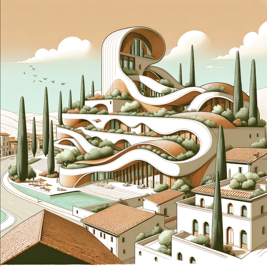 Un'immagine di un possibile albergo disegnato in modo organico circondato da piante e architettura tipica italiana